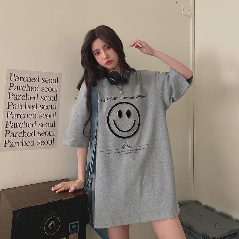 Damen-T-Shirt aus Baumwolle mit Smiley-Gesicht, lockere Passform, Kollektion Sommer 2025