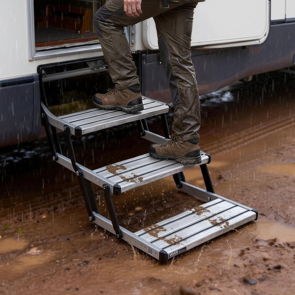 RV Steps, 3-Step, 200 kg Load Capacity, Manual Retractable RV Stairs, Telescopic Folding Aluminum Alloy Camper Steps, Steel Frame Non-Slip Entry