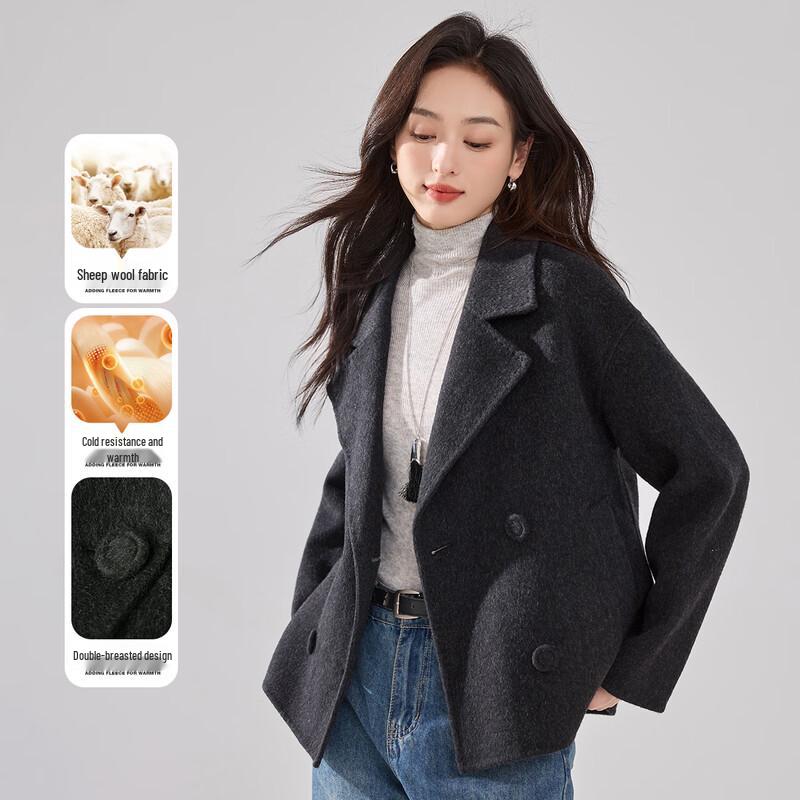 

Women s Lapel Double-Breasted Wool Blend Coat S