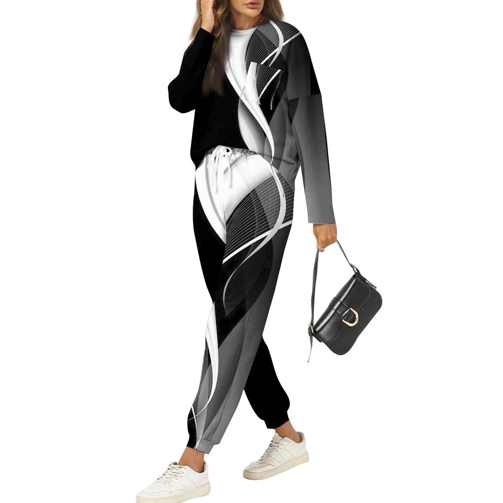 Sets For Women 2 Piece Round Neck Long Sleeve Shirts Printed Sweatpants Pocket Sets