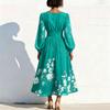Damen Maxikleid mit langen Ärmeln, V-Ausschnitt, Falten und Blumendruck, Elegante Passform, Ausgestellter Schnitt, Lange Länge, Für Freizeit und formelle Anlässe