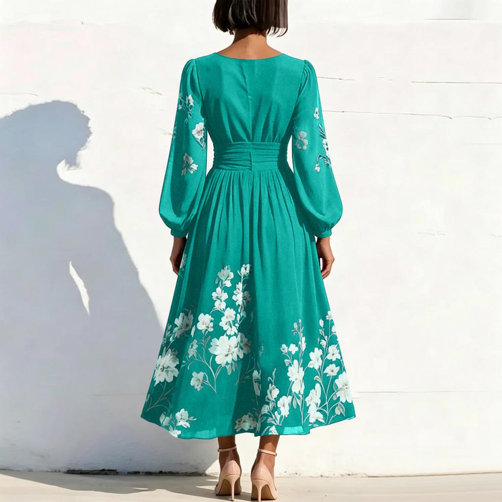 Damen Maxikleid mit langen Ärmeln, V-Ausschnitt, Falten und Blumendruck, Elegante Passform, Ausgestellter Schnitt, Lange Länge, Für Freizeit und formelle Anlässe