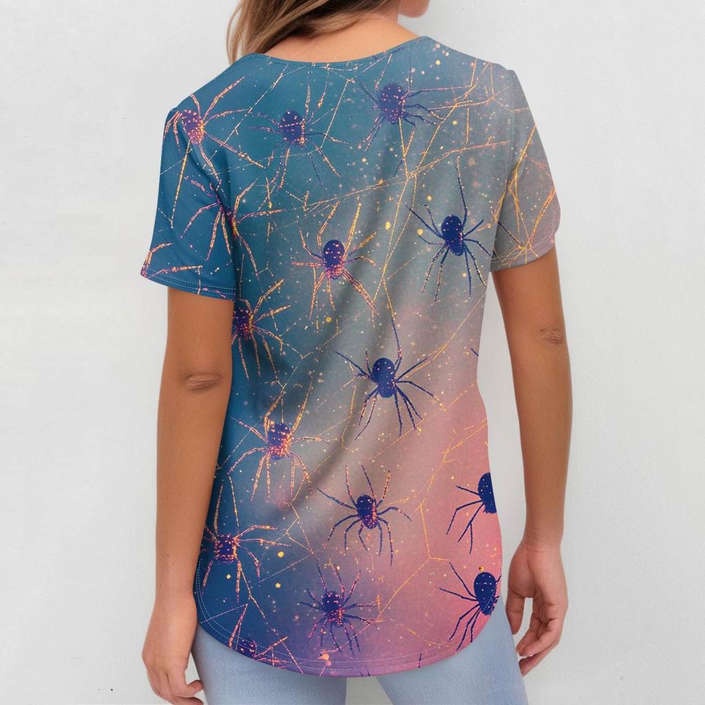 Women's Fashion V-neck Short-sleeved Work Uniform With Pockets, Halloween Print Top