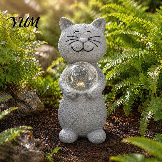 Waterproof Path Lighting Cat Statue Solar Light, Smiling Garden with Cracked Crystal Ball, Whimsical Outdoor Figurines Resin Animal Sculpture Lamp for