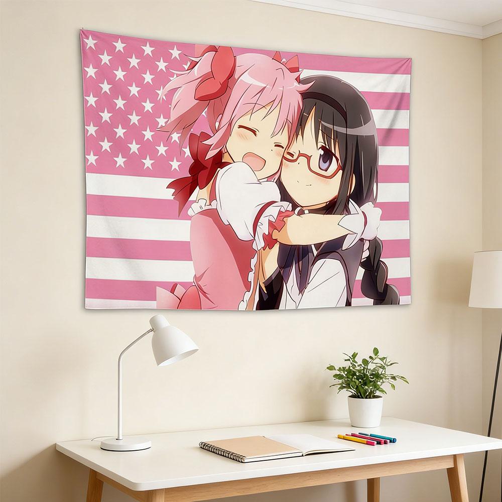 Madoka Homura Hugging USA Flag Tapestry Print Polyester Wall Hanging Kawaii Otaku Decor for Bedroom Living Room