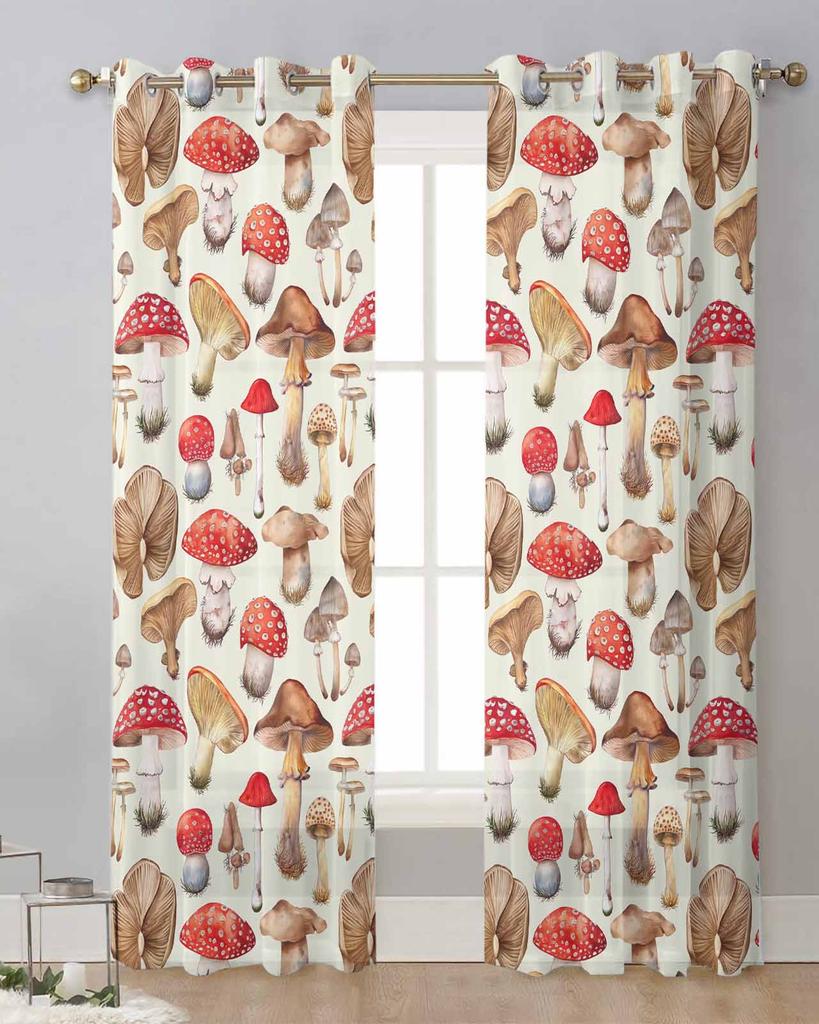 Mushroom Plant Retro Sheer Curtains for Living Room Decoration Window Curtains for Kitchen Tulle Voile Organza Curtains