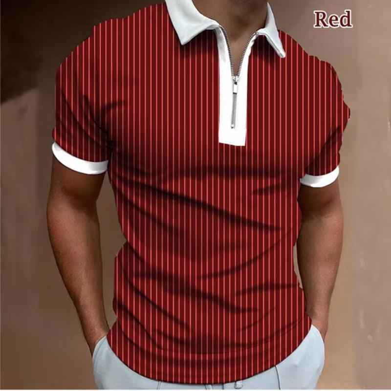 Summer New Men's Striped Pattern Personality Short Sleeve Zipper Polo Men's Fashion Pullover T-shirt