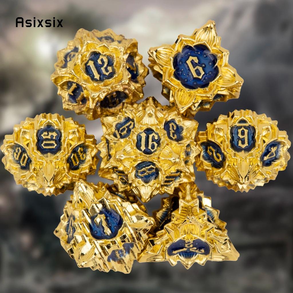 7 sztuk złoty niebieski kwiat lotosu metalowe kostki z litego metalu zestaw kości wielościennych nadaje się do odgrywania ról RPG gra planszowa gra karciana