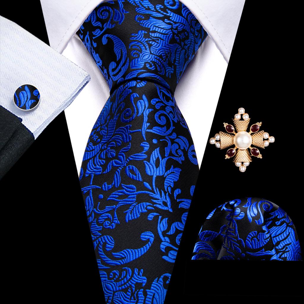 Pearl Brooch with Silk Tie for Men Vintage Floral Teal Necktie Hanky Cufflinks Gift Formal Set