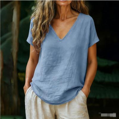 New Women's Clothing Casual Loose Fashion Cotton and Linen Short-sleeved V-neck Pullover Top