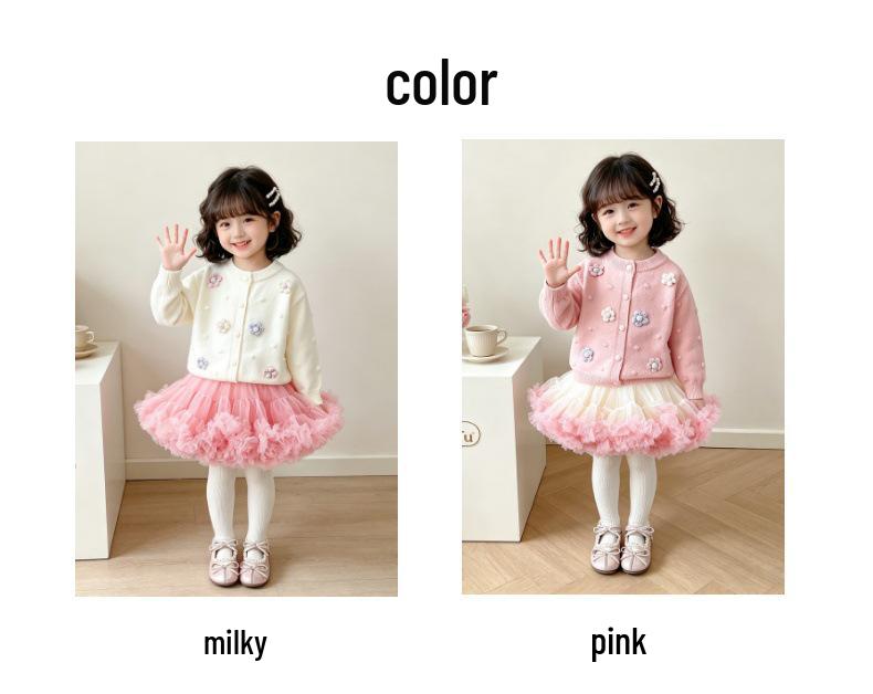 Girls' Spring & Autumn Lace Cardigan and Mesh Skirt Set