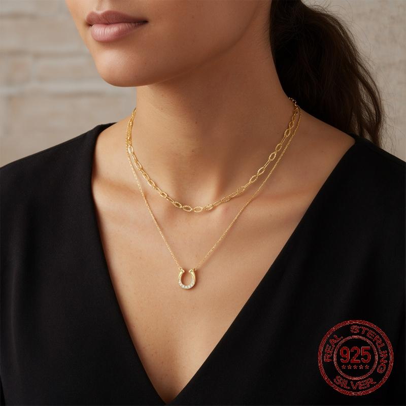 925 Sterling Silver Golden Double Layer Necklace CZ Horseshoe Pendant Lucky Symbol Design Layered Jewelry Gift for Women Girls