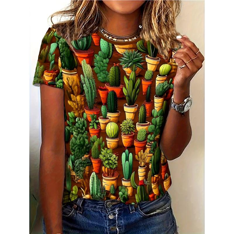 Printed T-shirt, casual round neck top 2XS