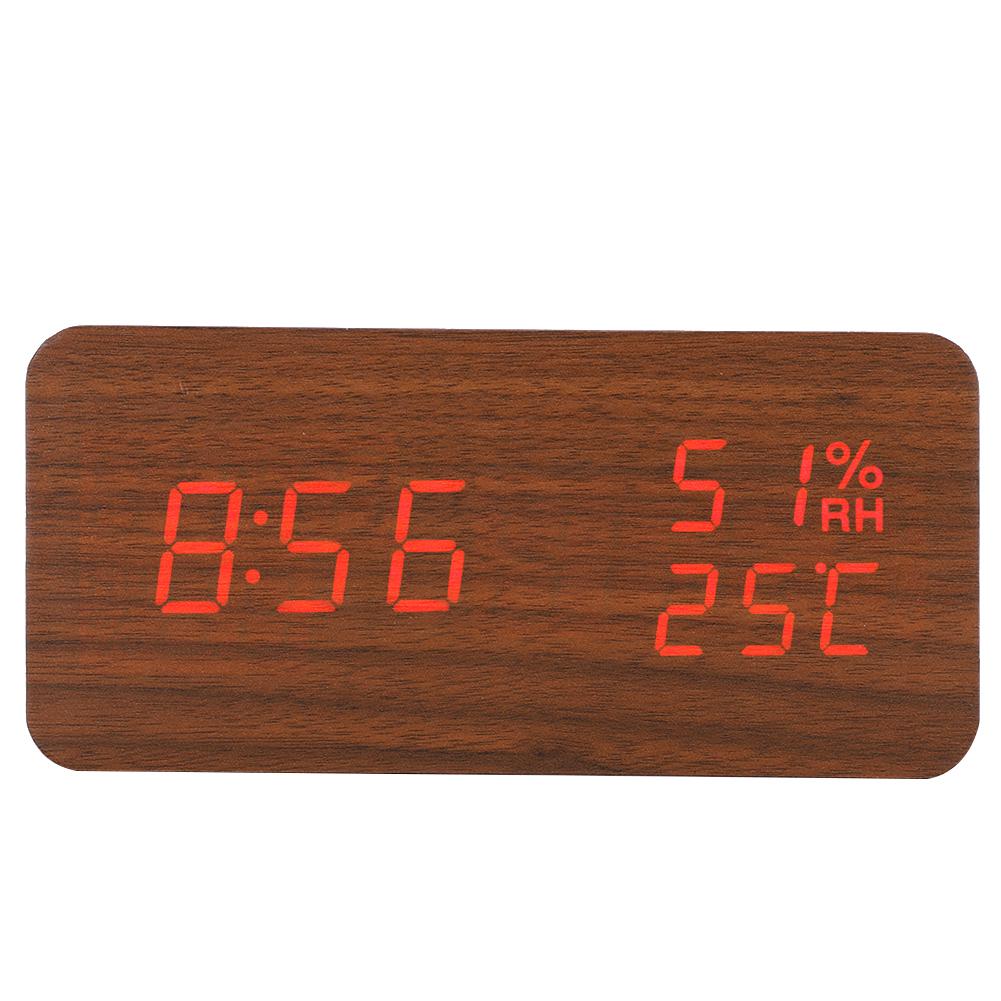 Wooden Alarm Clock LED Voice Control Desk Rectangular Brown Wood Red Light Digital Clock