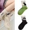 Fashionable Middle Calf Socks with Cartoon Cats Print in Soft Cotton Color Block Student Crew Socks Hosiery for Women