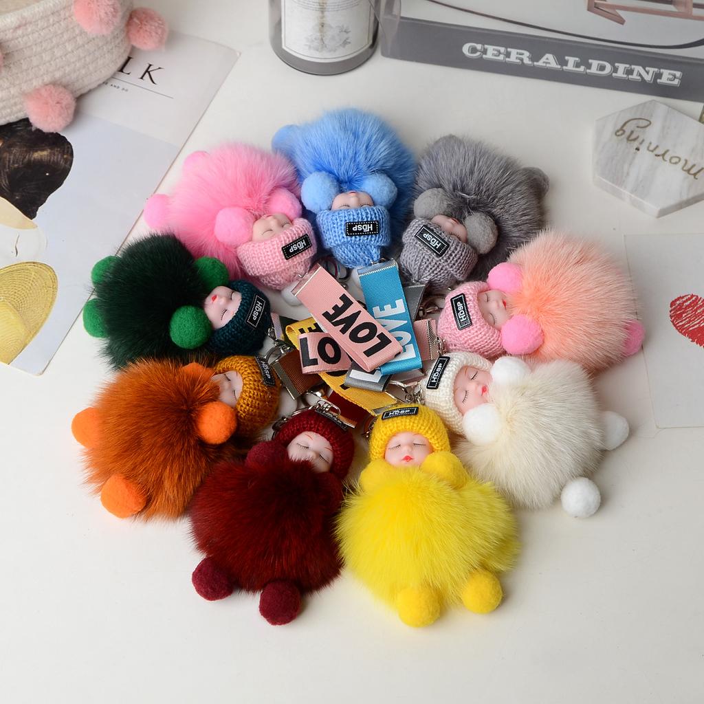 Pompom Sleeping Baby Keychain Cute Fluffy Plush Doll Keyholder Women Girl Bags Keyrings Cars Key Ring Gift Charming Decoration