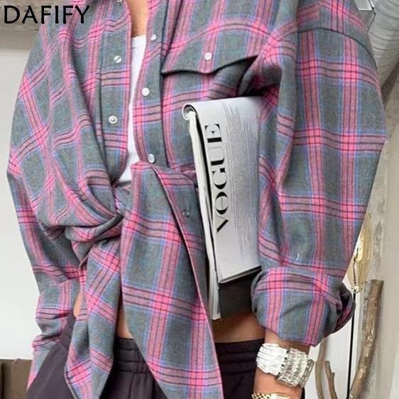 DAFIFY Dámská móda Ležérní Jaro Podzim Kostkovaný potisk Dlouhý rukáv POLO Límec Halenky a Košile