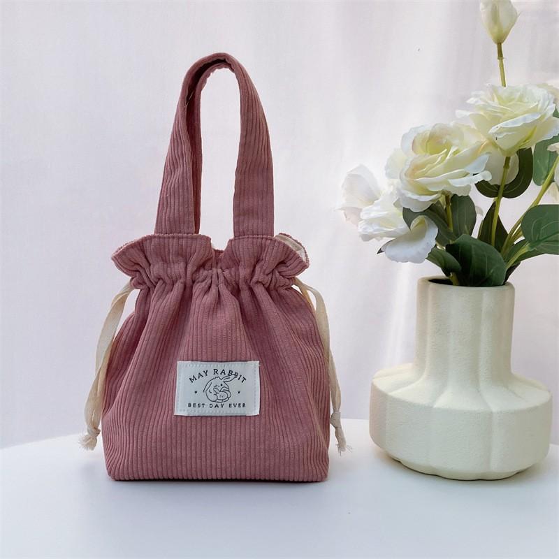 Vintage Damen-Kord-Handtasche Lässige Zugbeuteltasche Unifarbene Geldbörse Aufbewahrungstasche Kosmetiktasche