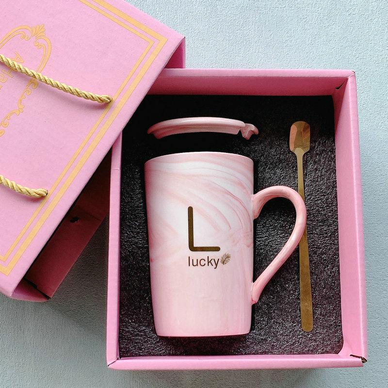 Nordic Ceramic Couple Mug with Lid and Spoon - Stone Pattern Gift Cup for Company Events