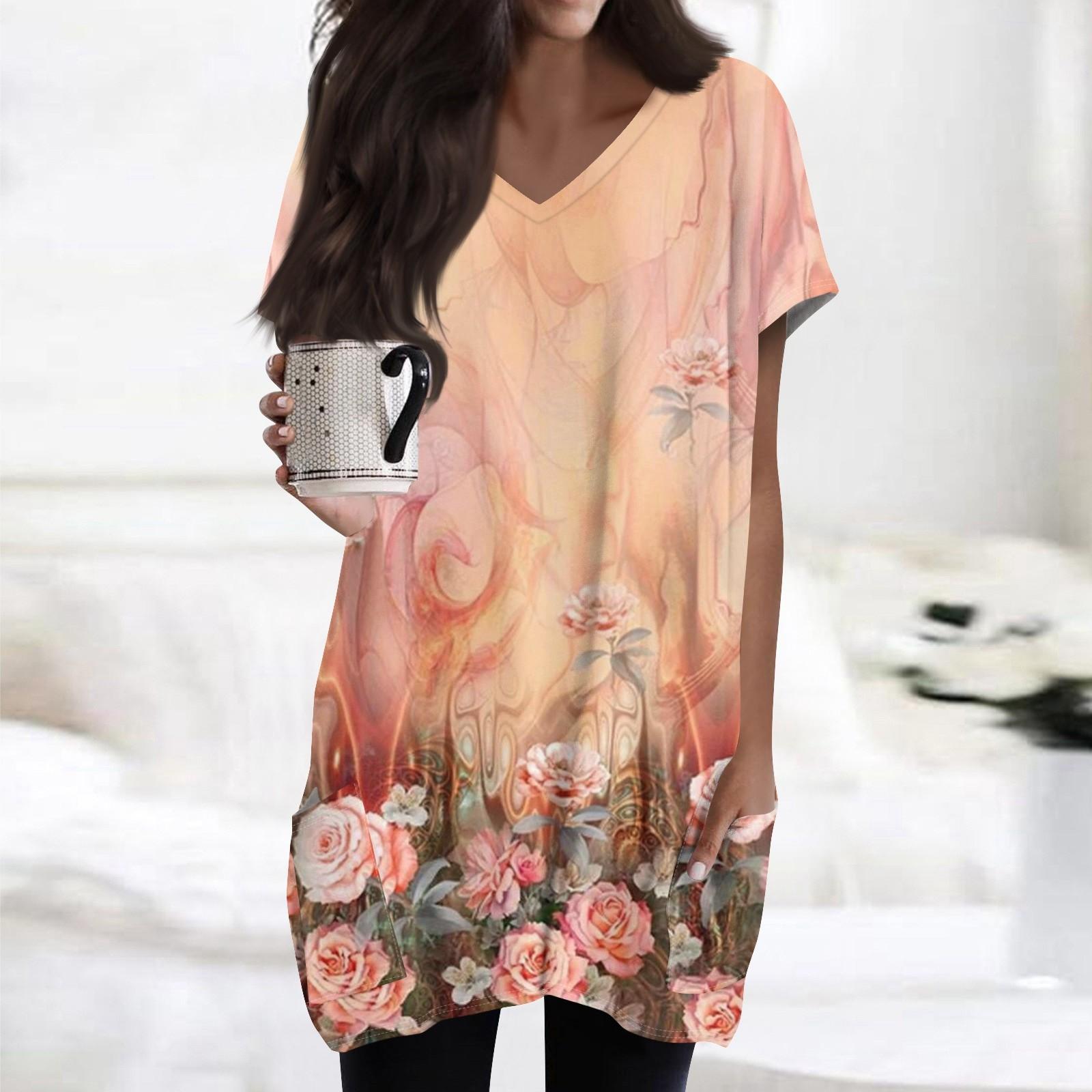 

Женские топы с V-образным вырезом, блузки с коротким рукавом, повседневные рубашки средней длины, модные туники с принтом и карманами XL