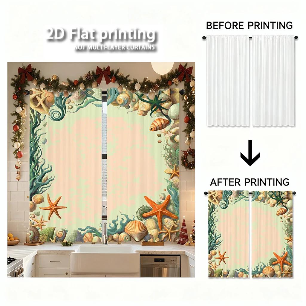 Piece Set High Definition Digital Printed Curtainsseafloor Themed Pastel Color Sea Creatures Border Patternhome Decoration Curtain Polyester