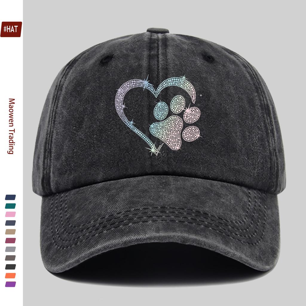 pc Gradient Hot Drilled Heart Dog Paw Print Baseball Cap Casual Design Decorative Hat Comfortable Lightweight Headwear Adjus