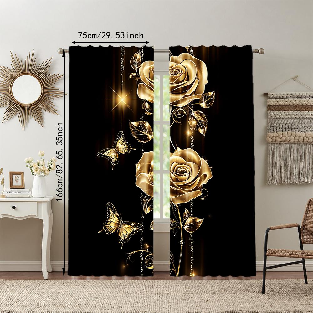 2Pcs Gold Rose And Butterfly Window Curtain Protect Privacy Bedroom Living Room Decorative Curtain Valentine'S Day Romantic Gift