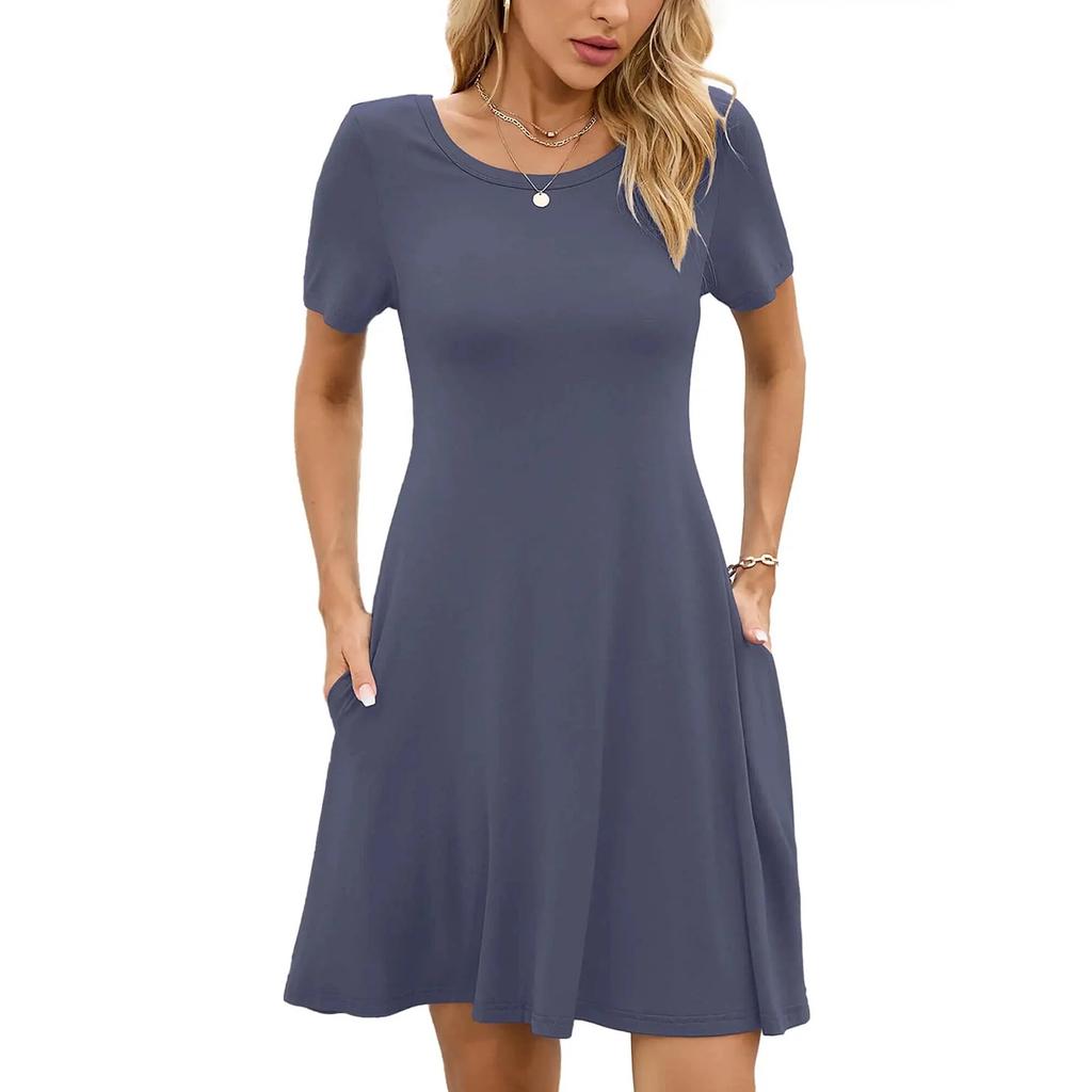 Dámské módní jarní a letní šaty s kulatým výstřihem, jednobarevné, s krátkým rukávem, áčkového střihu