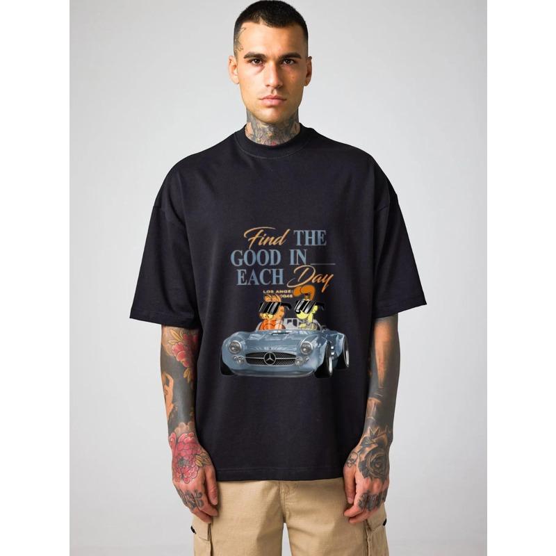 

Crewneck T Shirt White Find The Good in Each Day Cartoon Cats in Car Print Casual Daily Wear Men s Fashion Top XXXXL чёрный