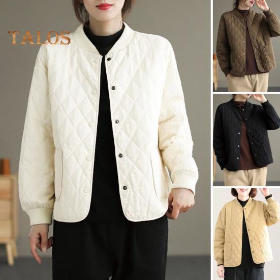 Damenjacke Stehkragen Langarm Rautenstruktur Einreihig Elastische Bündchen Einfarbig Taschen Sport Lady Coat