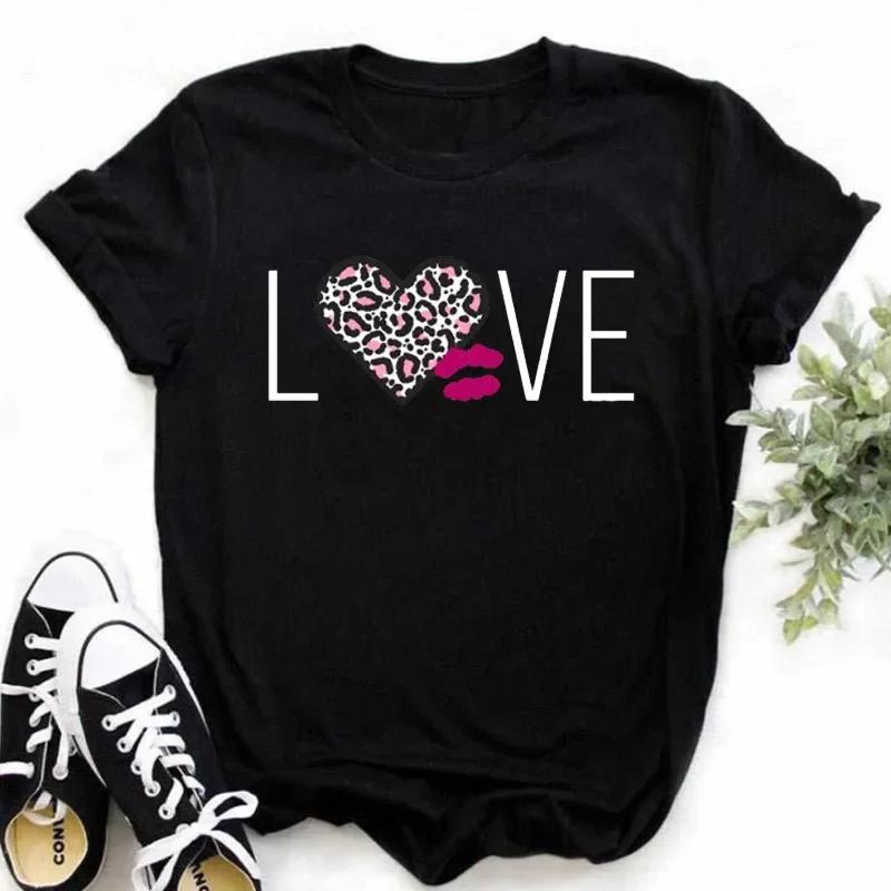 

Leopard Love Heart Print Unisex Women Fashion Short Sleeve T Shirt Black Graphic Tops Unisex and Women Harajuk Streetwear Casual 2XL