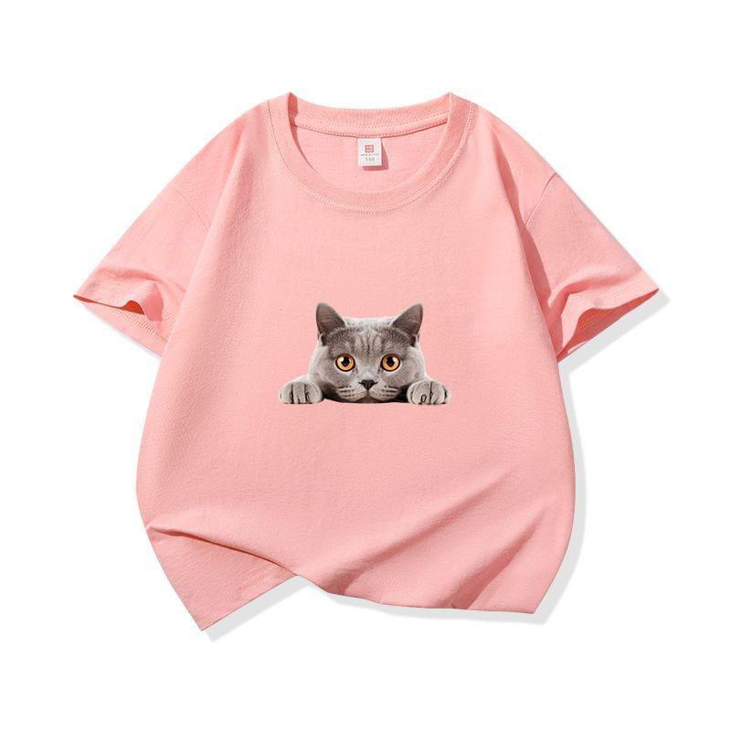 Kids Cotton T Shirt Peeking British Blue Cat Pattern Print Crew Neck Short Sleeve Tee Casual Breathable Boys Girls Summer Tops