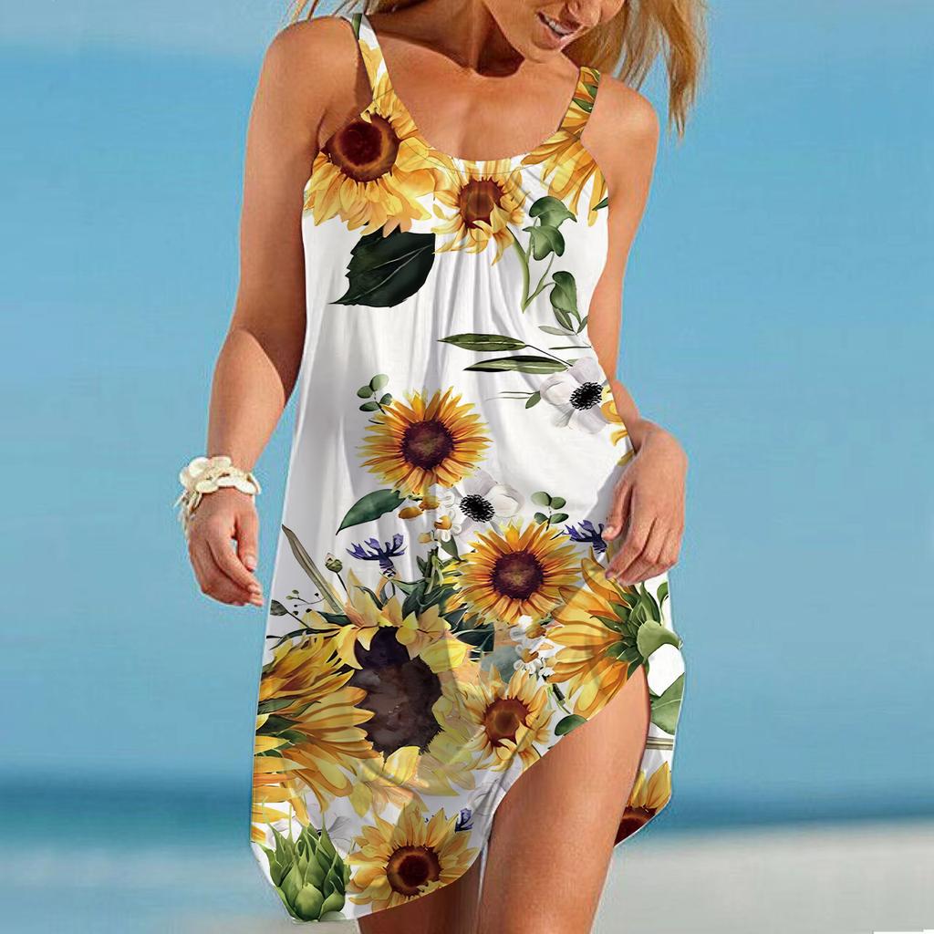 Beach Wear Mini Dress Sunflower Print Casual Modern Dress Sleeveless Loose Fit Outdoor Daily Summer