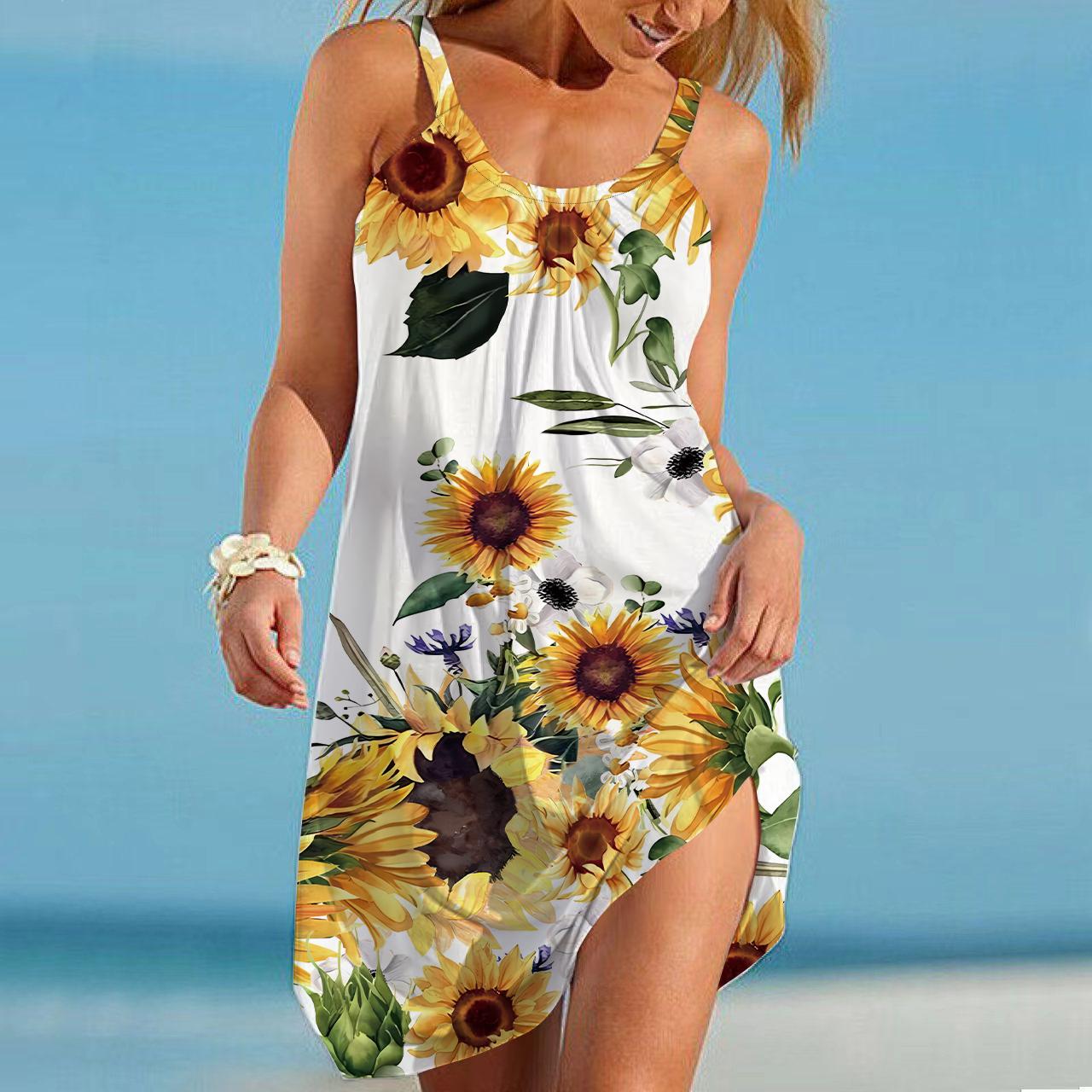 

Пляжная одежда Мини-платье с принтом подсолнуха Повседневное современное платье без рукавов Свободный крой Повседневное летнее платье для улицы 8XL бежевый