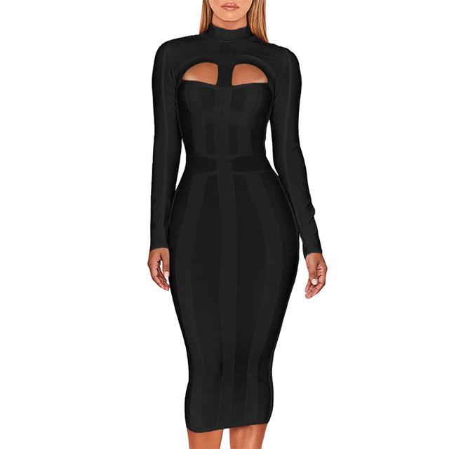 European & American Autumn/Winter Women's Long-Sleeve Sexy Hollow Chest Slim Bandage Dress