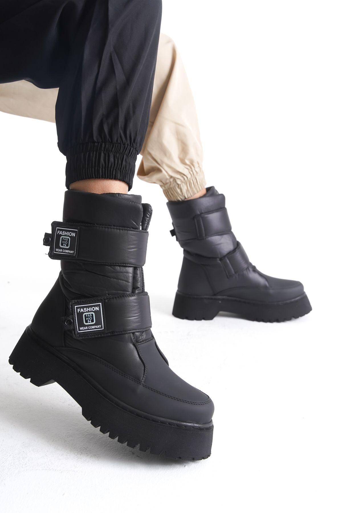 

Women Faux Leather Double Strap Matte Black Parachute Fabric Non-Slip Sole Waterproof Skin Snow Boots Bootie