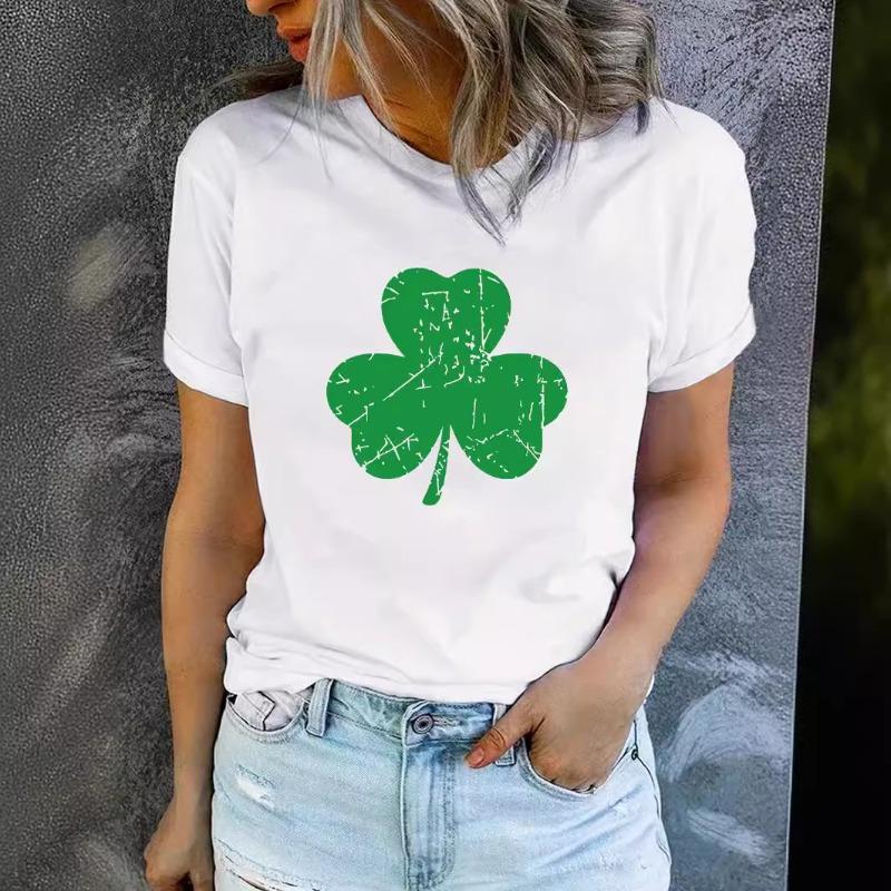 Summer Women's Clover Pattern Printed Round Neck Pure Cotton Short Sleeved T-shirt Casual Fashion T-Shirts Women’s