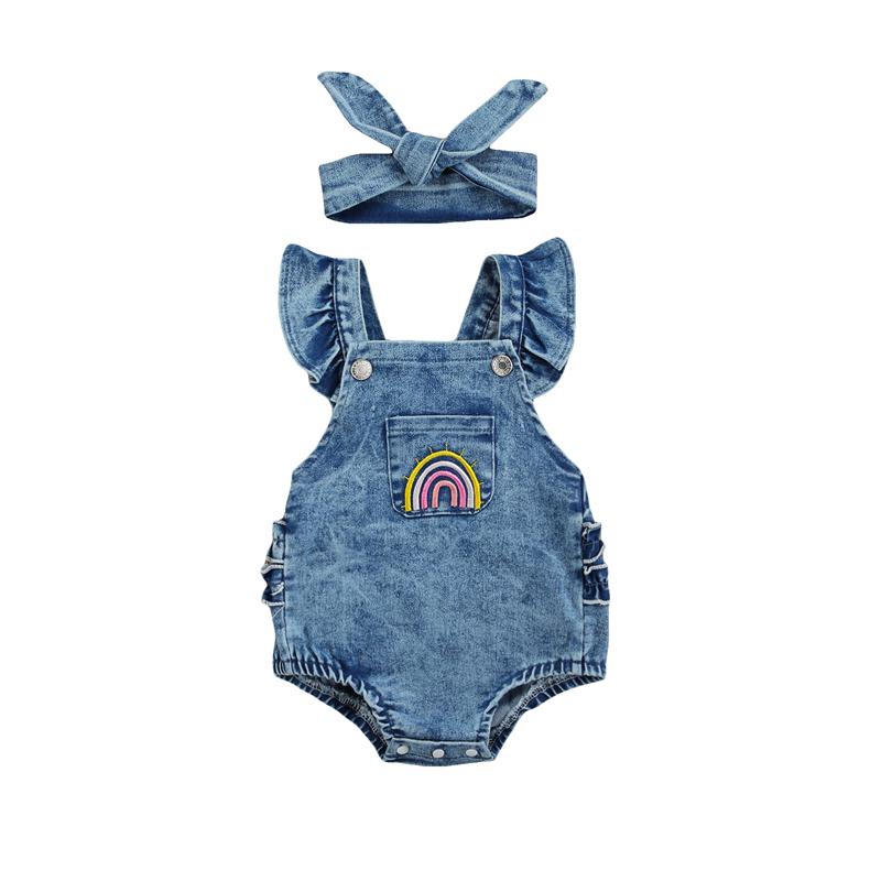 Infant Baby Girls Summer Jumpsuit Outfit Rainbow Embroidery Casual Sleeveless Rompers Baby Clothing 70