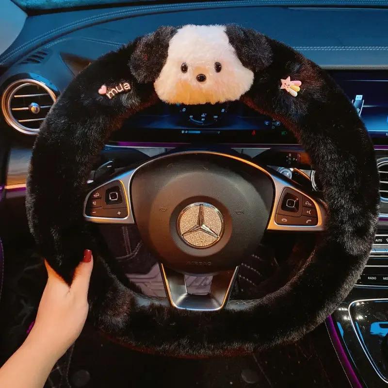 Winter Cute Pochacco Car Steering Wheel Cover Warm Plush Cartoon Anti Slip Handle Cover for Men and Women Cute Car Accessories