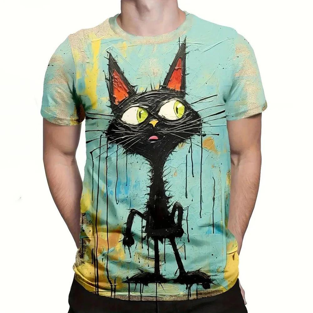 Men's T-Shirt Cat Pattern 3d Print Casual Short Sleeve T-Shirts Summer Fashion Streetwear Crew Neck Pullover Oversized Male Top