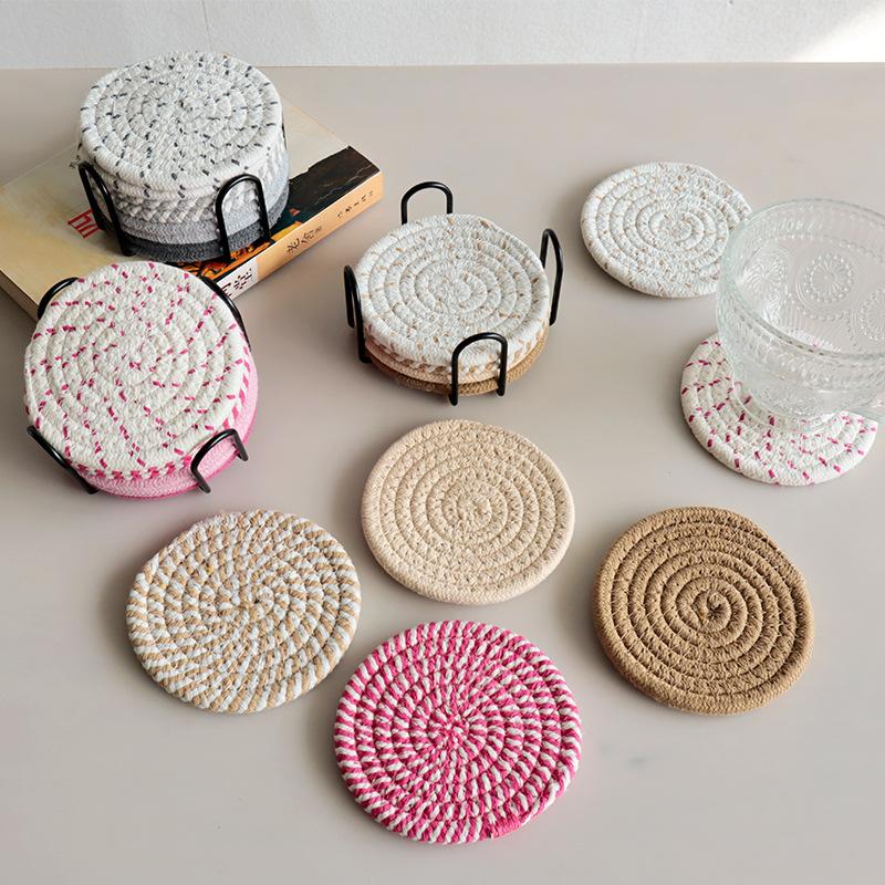 8 Pieces Cotton Rope Woven Placemats With Stand Insulation Pads For Drinks Woven Coaster Set Home Decoration
