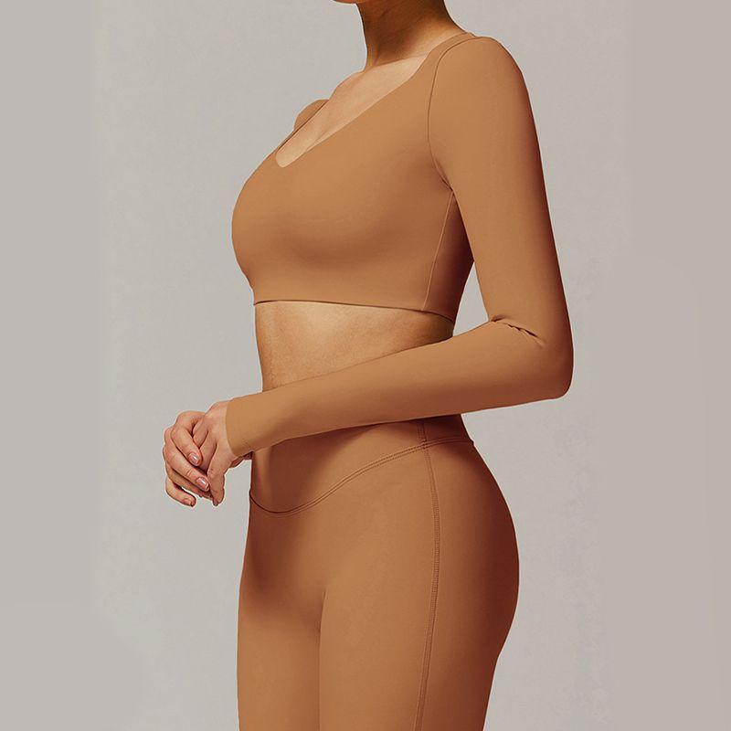 

Fashion Yoga Clothes for Women 2025 New Arrival Short Crop Top Workout Clothes with Chest Pad Nude Feel Sports Long-Sleeved Top Running Pumpkin Orange L