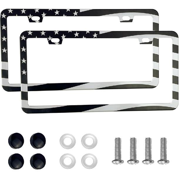 2PCS Premium American Flag License Plate Frame, Black License Plate Frames, 2 Holes Solid Stainless Steel License Plate Holder, Universal Car License