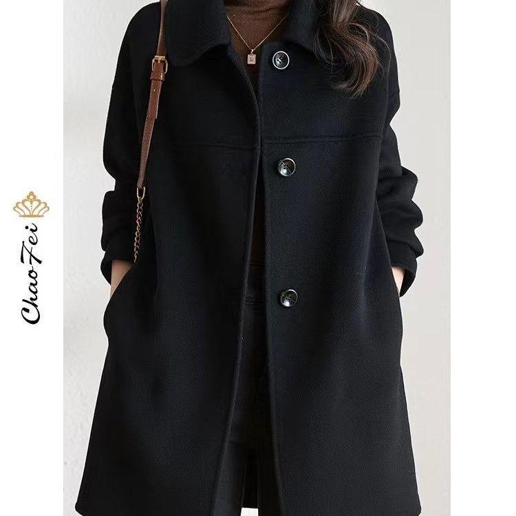 2025 Women's Plus Size Wool Blend Mid-Length Coat with Peter Pan Collar - Korean Fashion for Autumn/Winter