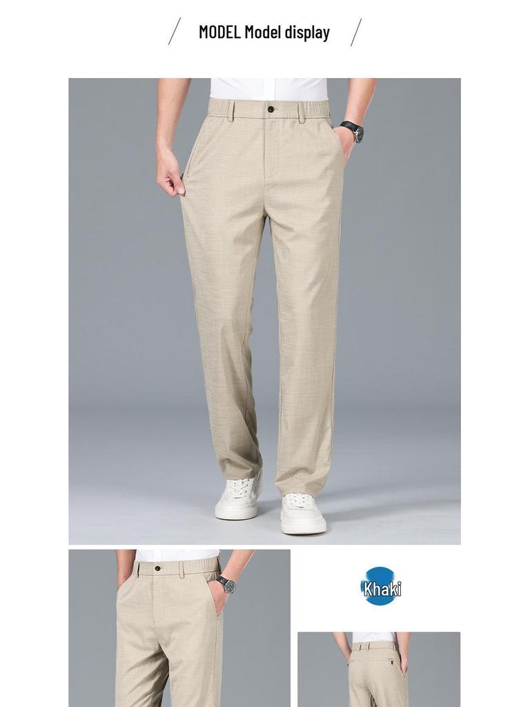 Pánské vysoce kvalitní business casual kalhoty z ledového hedvábí s elastickým pasem a rovnými nohavicemi - s krátkým rukávem, pohodlné na léto