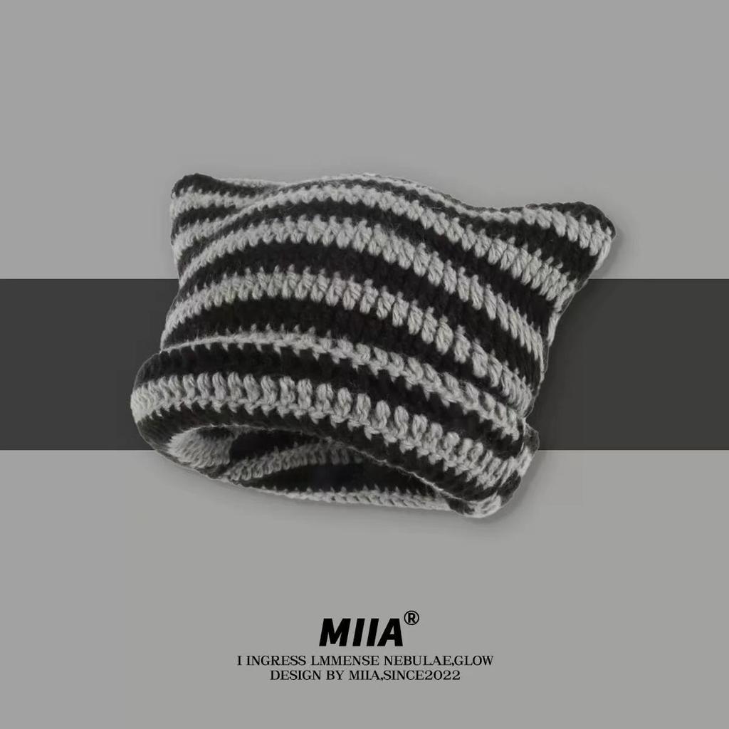 Little Devil Striped Knitted Wool Hat Female Pointy Ears Cute Pullover Hat Autumn and Winter Bucket Hat
