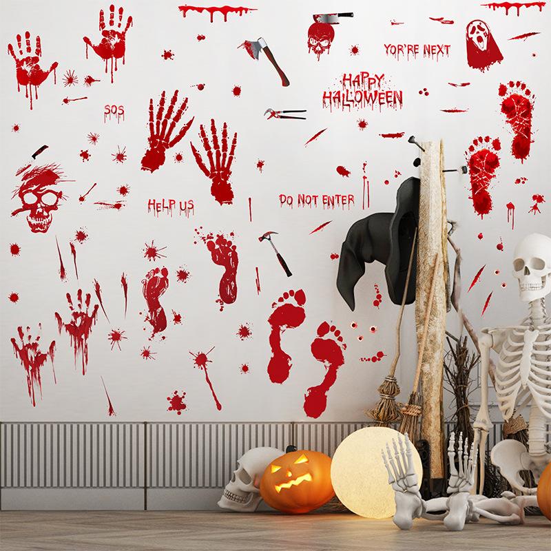New Halloween Blood Handprints Footprints Skull Glass Showcase Double Sides