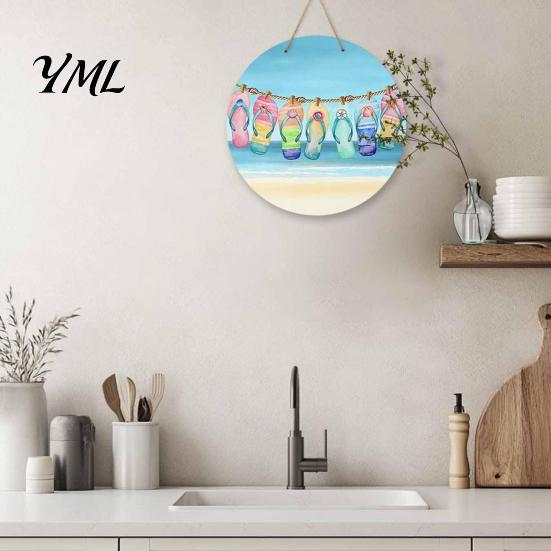 Summer Beach Decor Round Wooden Door Hanger, Watercolor Welcome Sign, Hello Sunshine Indoor Outdoor Wall Hanger Please Plaque for Porch Decorative
