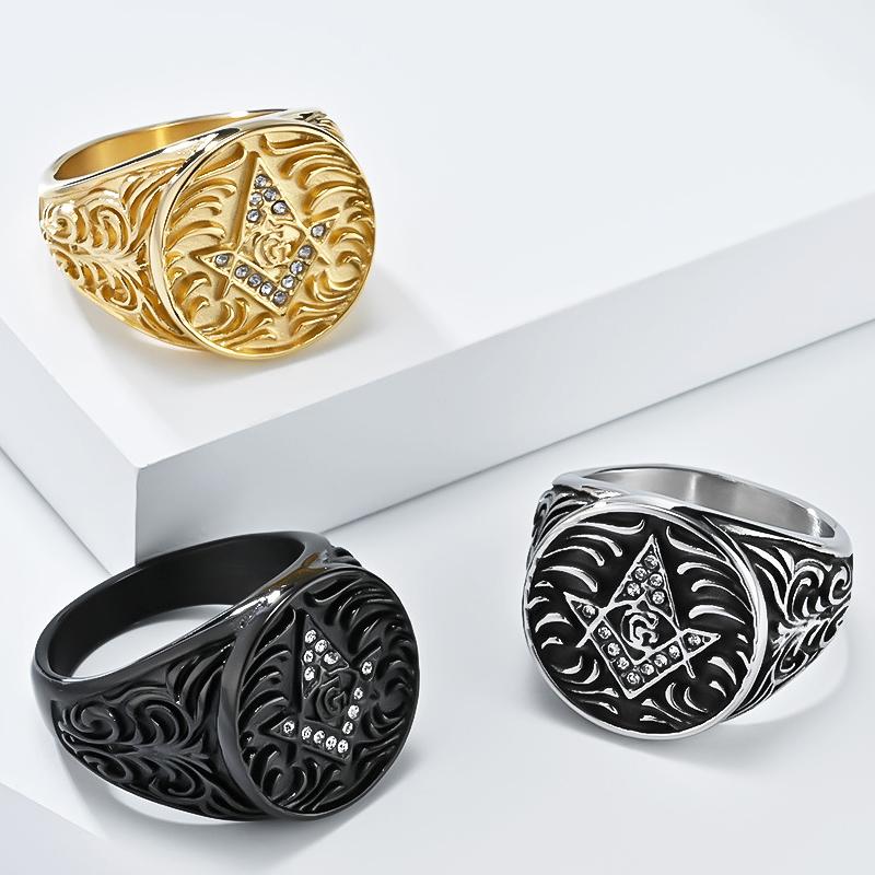 2023 New Style Stainless Steel Cubic Zirconia Ring Fashion Retro Freemasonry G Rings Men's Jewelry