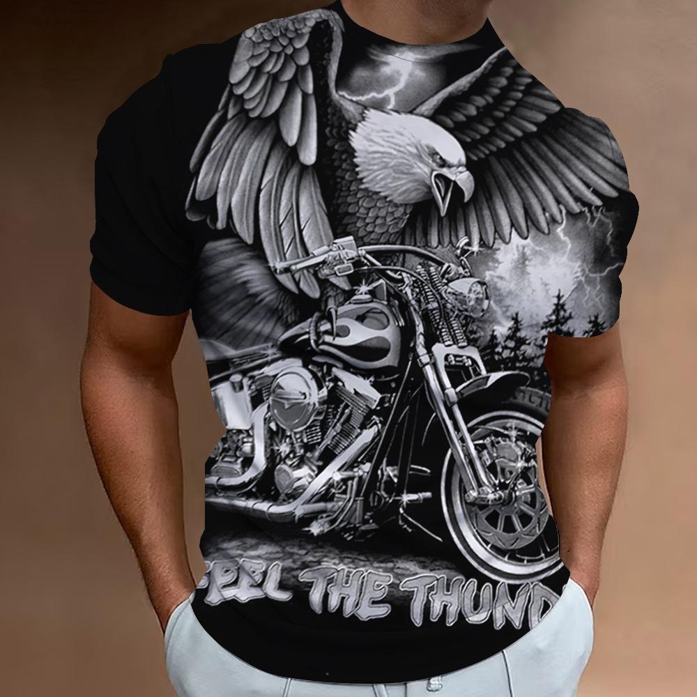 Men's Animal Pattern T-Shirt, Eagle, Motorcycle, 3D Print, Vintage Trendy Loose Large Size Casual Street Short Sleeve Top